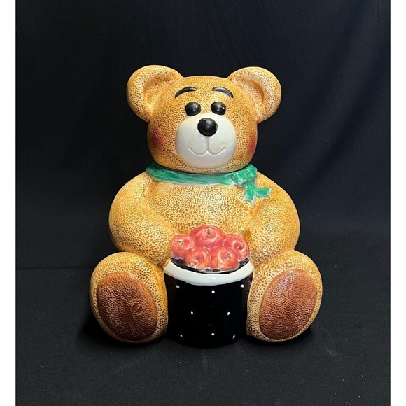 GKRO Ceramic Collectible Cookie Jar Brown Teddy Bear Red Apples Basket 9.5" - Picture 1 of 11